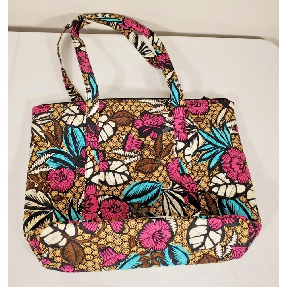 Vera Bradley Tote Large Bag Blue Pink Floral Zipper/‎ Pockets Multicolor